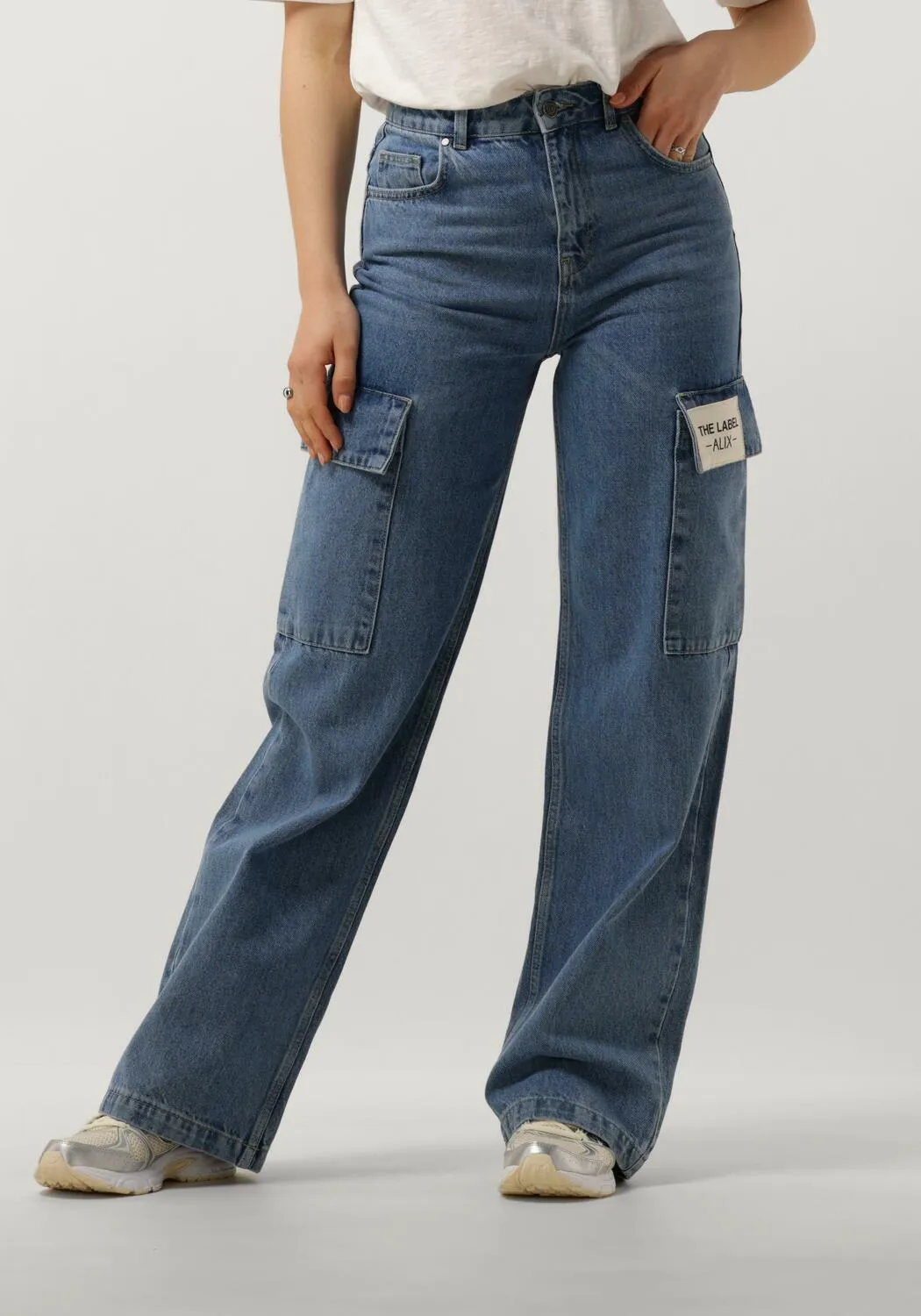 blauwe alix the label straight leg jeans ladies woven denim cargo pants