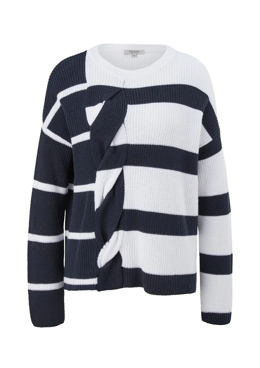 COMMA2110498 GESTREEPTE PULLOVER MET KABEL  DONKER BLAUW