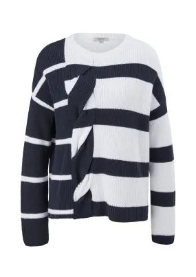 Comma2110498 Gestreepte Pullover met Kabel - Donker Blauw