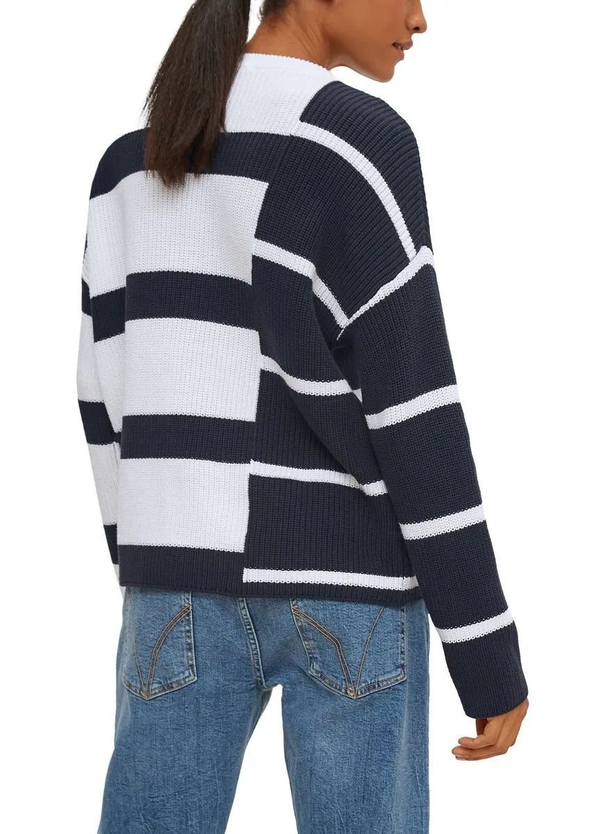 COMMA2110498 GESTREEPTE PULLOVER MET KABEL  DONKER BLAUW