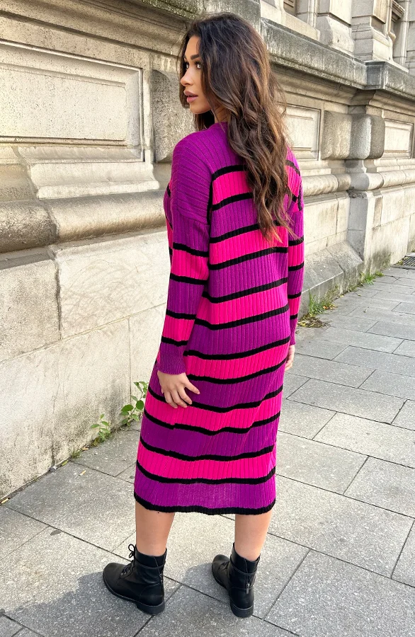 Gebreide Strepen Jurk Magenta