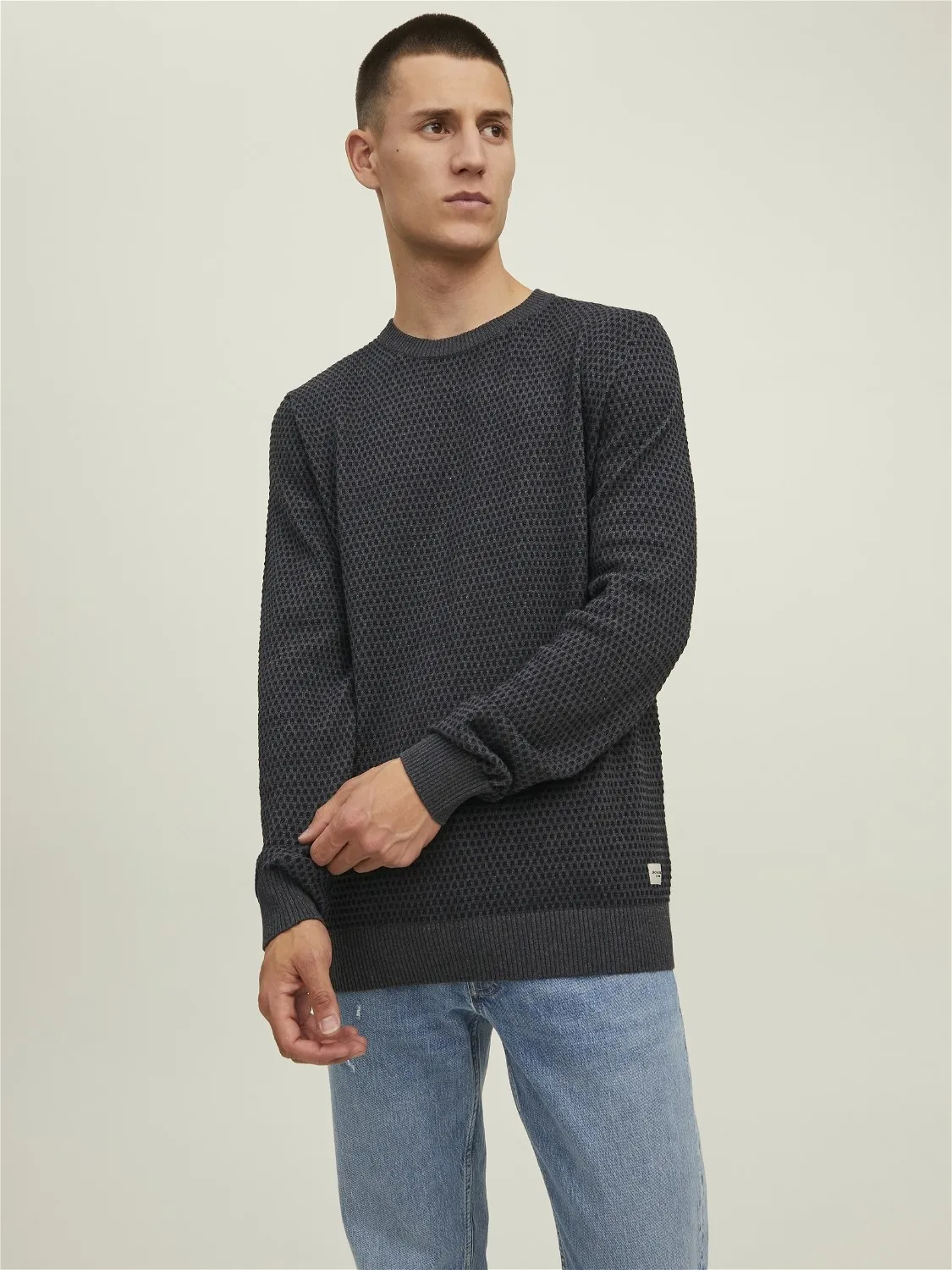 JACK & JONES ATLAS KNIT CREW NECK SLIM FIT, HEREN PULLOVER KATOEN MET OHALS, DONKERGRIJS MELANGE