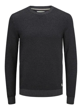 JACK & JONES Atlas knit crew neck slim fit, heren pullover katoen met O-hals, donkergrijs melange