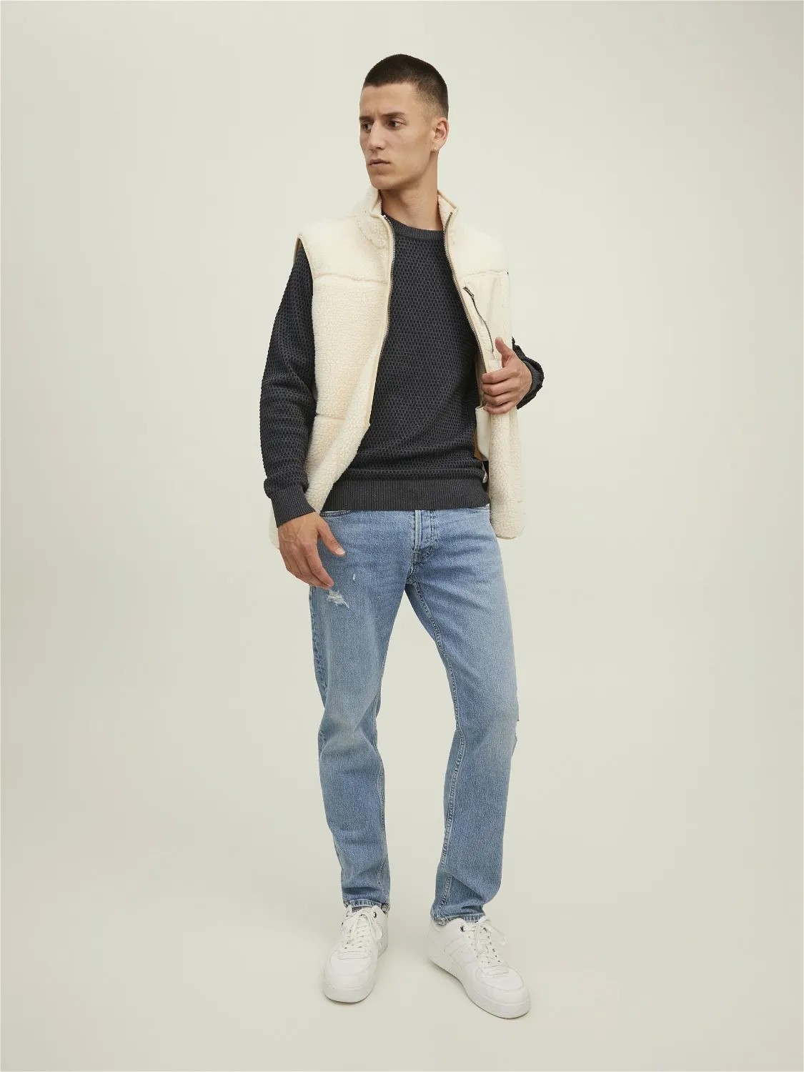 JACK & JONES ATLAS KNIT CREW NECK SLIM FIT, HEREN PULLOVER KATOEN MET OHALS, DONKERGRIJS MELANGE