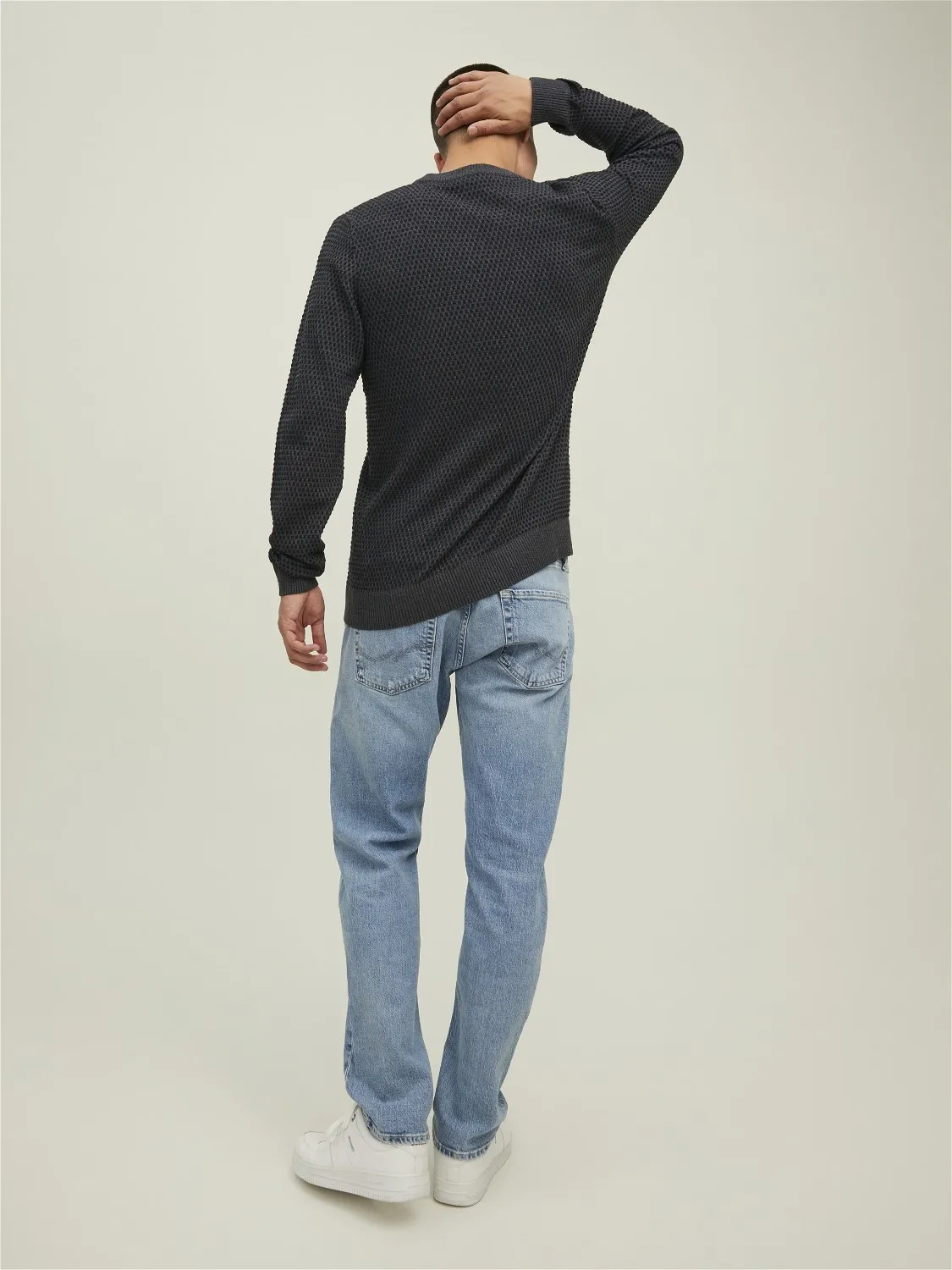 JACK & JONES ATLAS KNIT CREW NECK SLIM FIT, HEREN PULLOVER KATOEN MET OHALS, DONKERGRIJS MELANGE