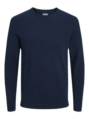 JACK & JONES Basic knit crew neck slim fit, heren pullover katoen met O-hals, blauw