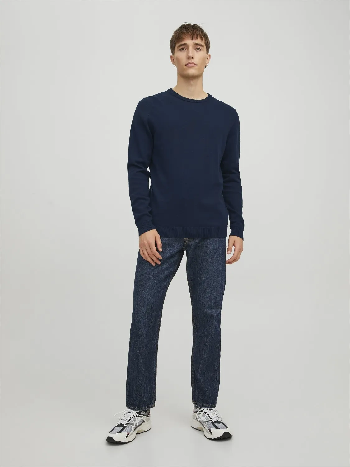 JACK & JONES BASIC KNIT CREW NECK SLIM FIT, HEREN PULLOVER KATOEN MET OHALS, BLAUW