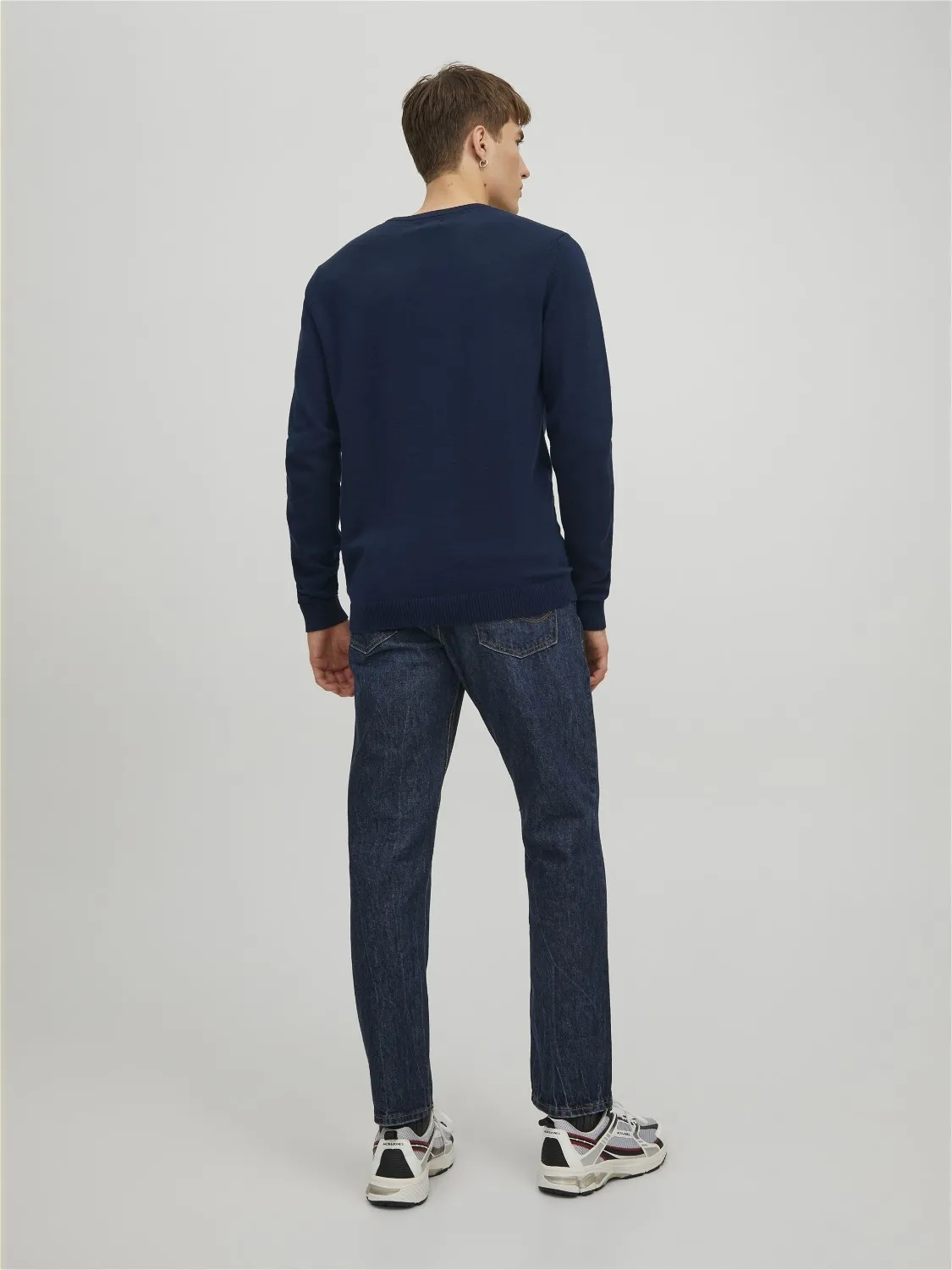 JACK & JONES BASIC KNIT CREW NECK SLIM FIT, HEREN PULLOVER KATOEN MET OHALS, BLAUW