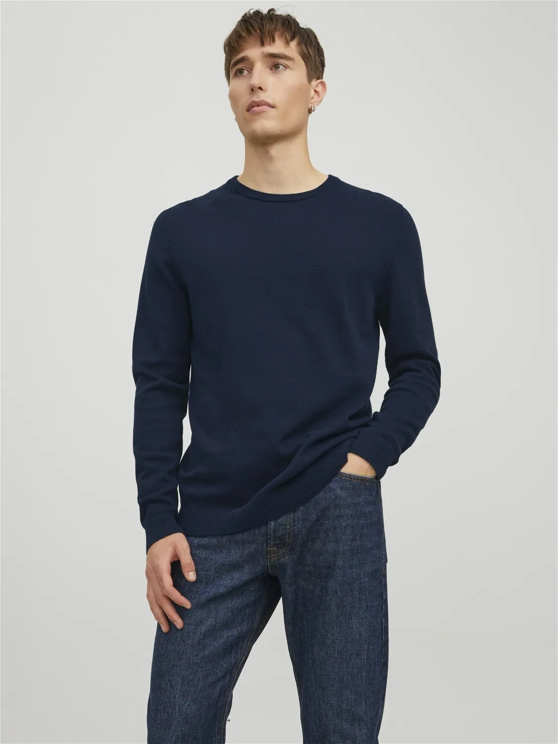 JACK & JONES BASIC KNIT CREW NECK SLIM FIT, HEREN PULLOVER KATOEN MET OHALS, BLAUW