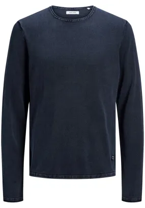 JACK & JONES slim fit trui katoen, O-hals, verwassen donkerblauw