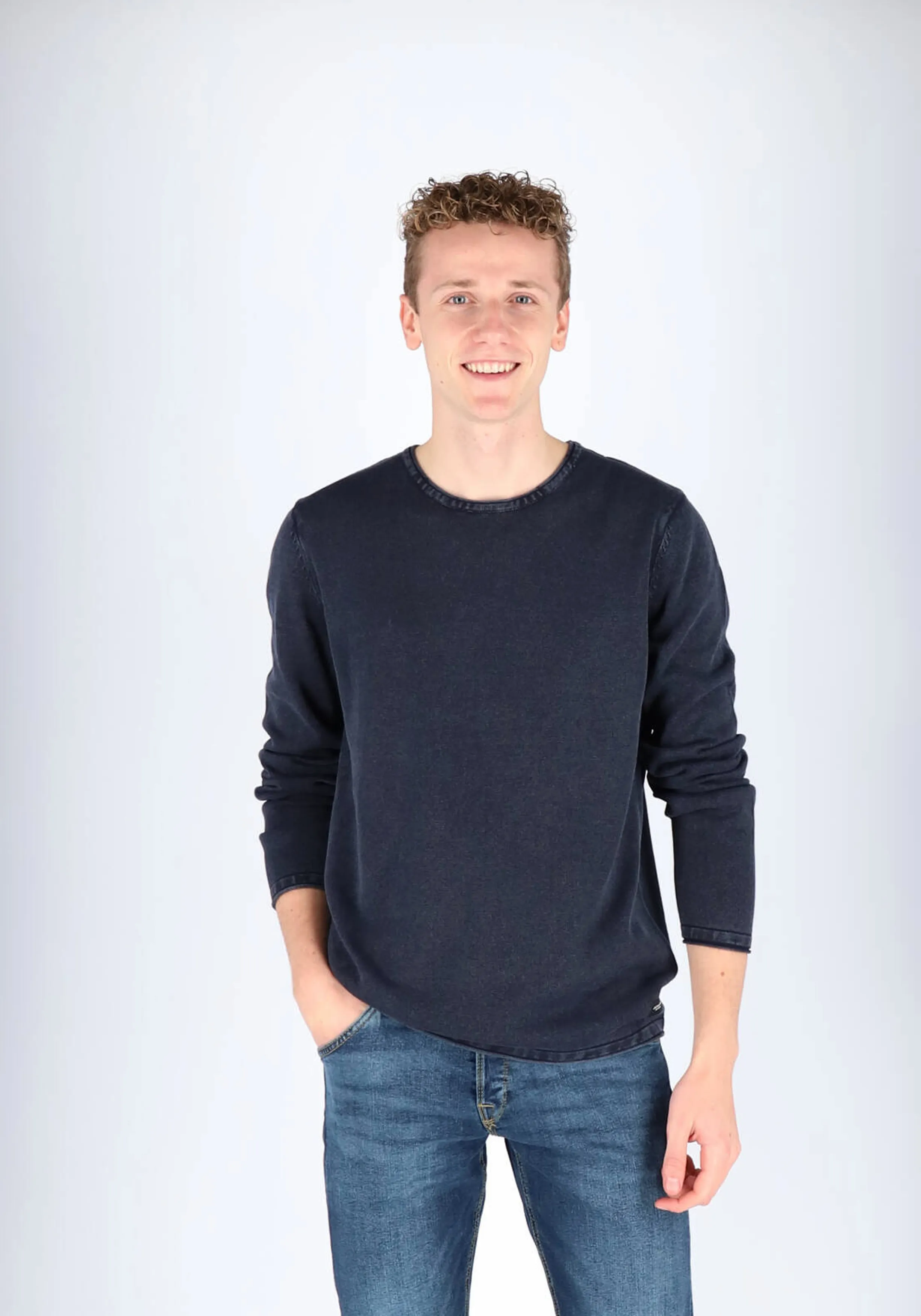 JACK & JONES SLIM FIT TRUI KATOEN, OHALS, VERWASSEN DONKERBLAUW