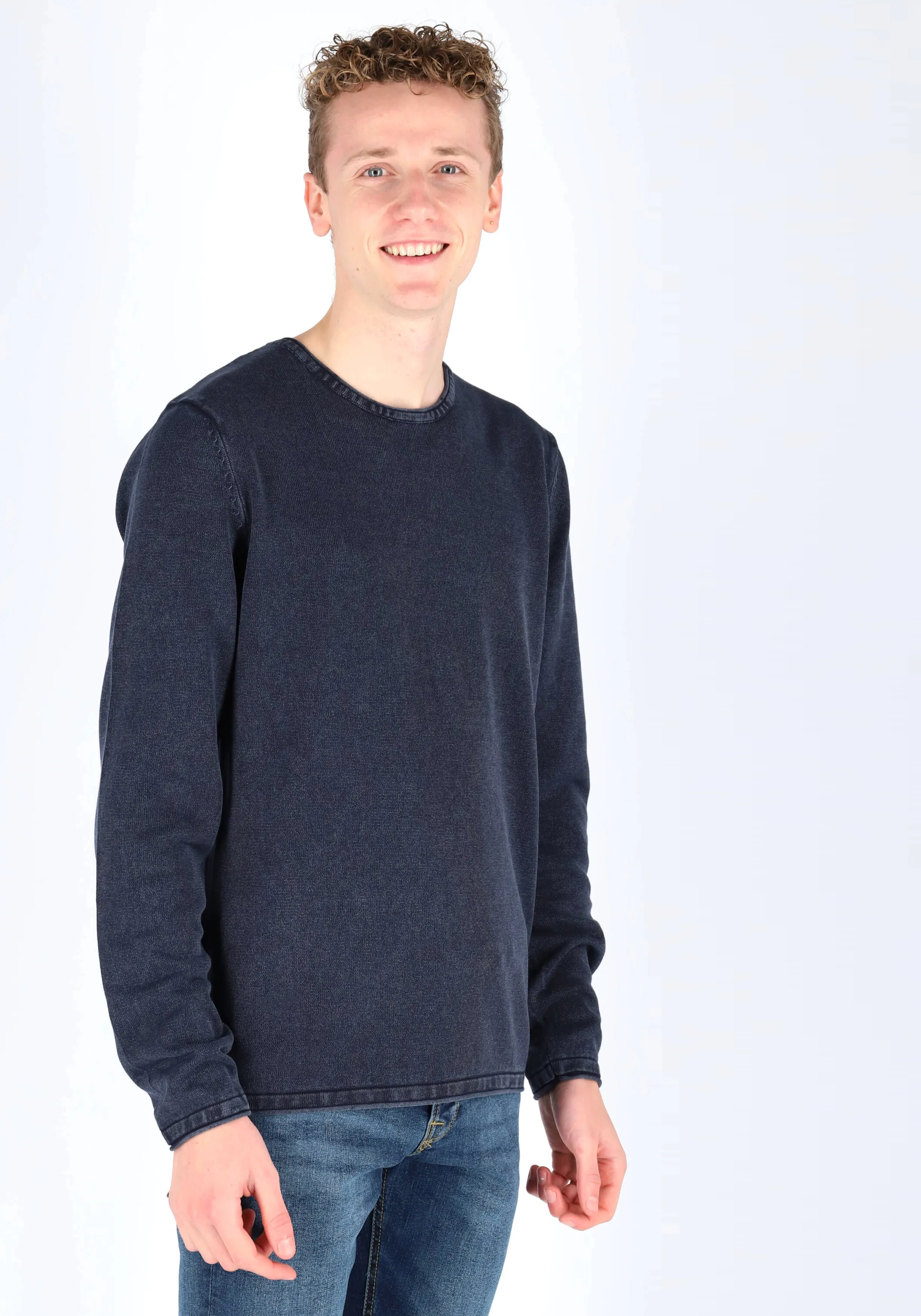 JACK & JONES SLIM FIT TRUI KATOEN, OHALS, VERWASSEN DONKERBLAUW