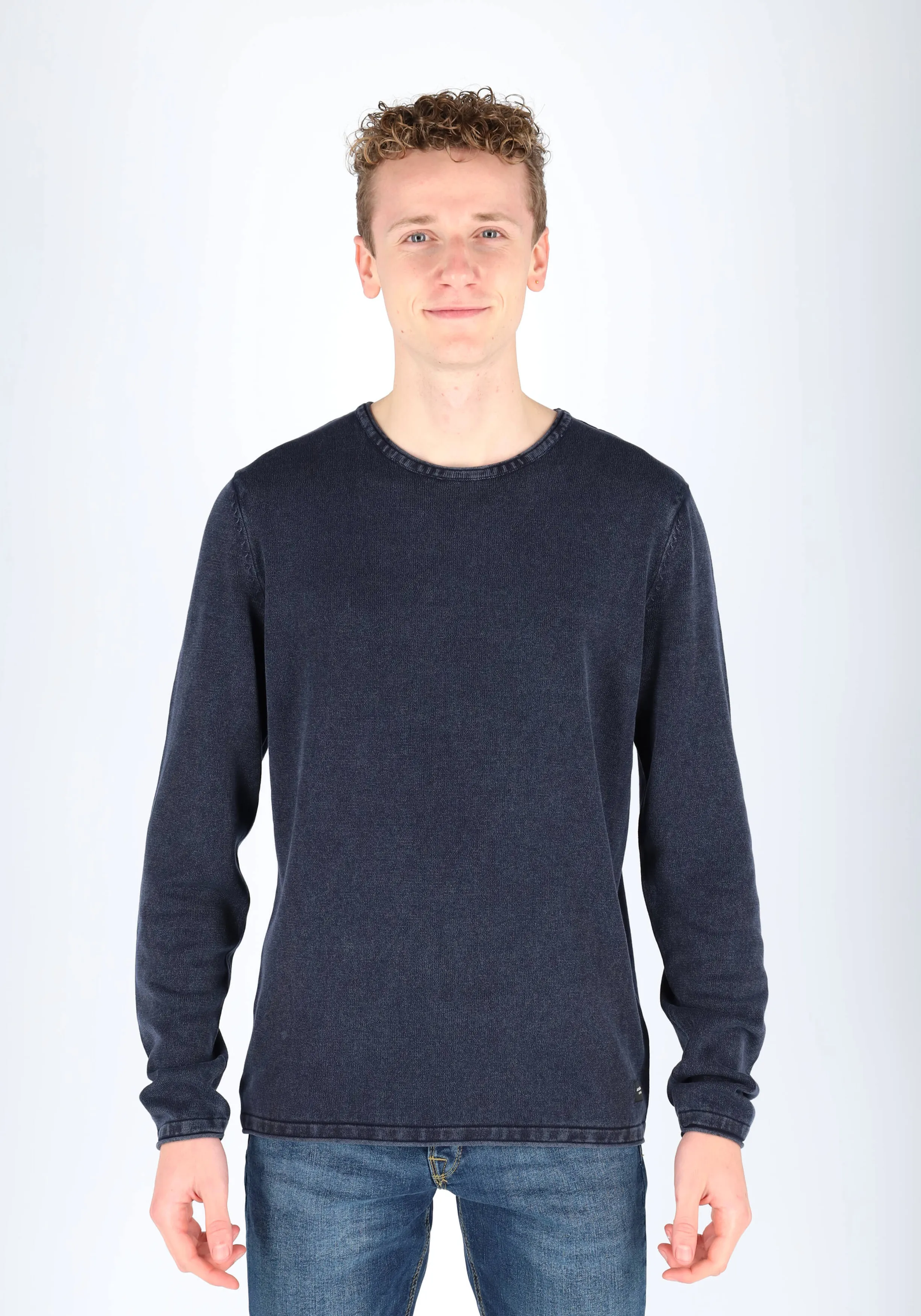 JACK & JONES SLIM FIT TRUI KATOEN, OHALS, VERWASSEN DONKERBLAUW