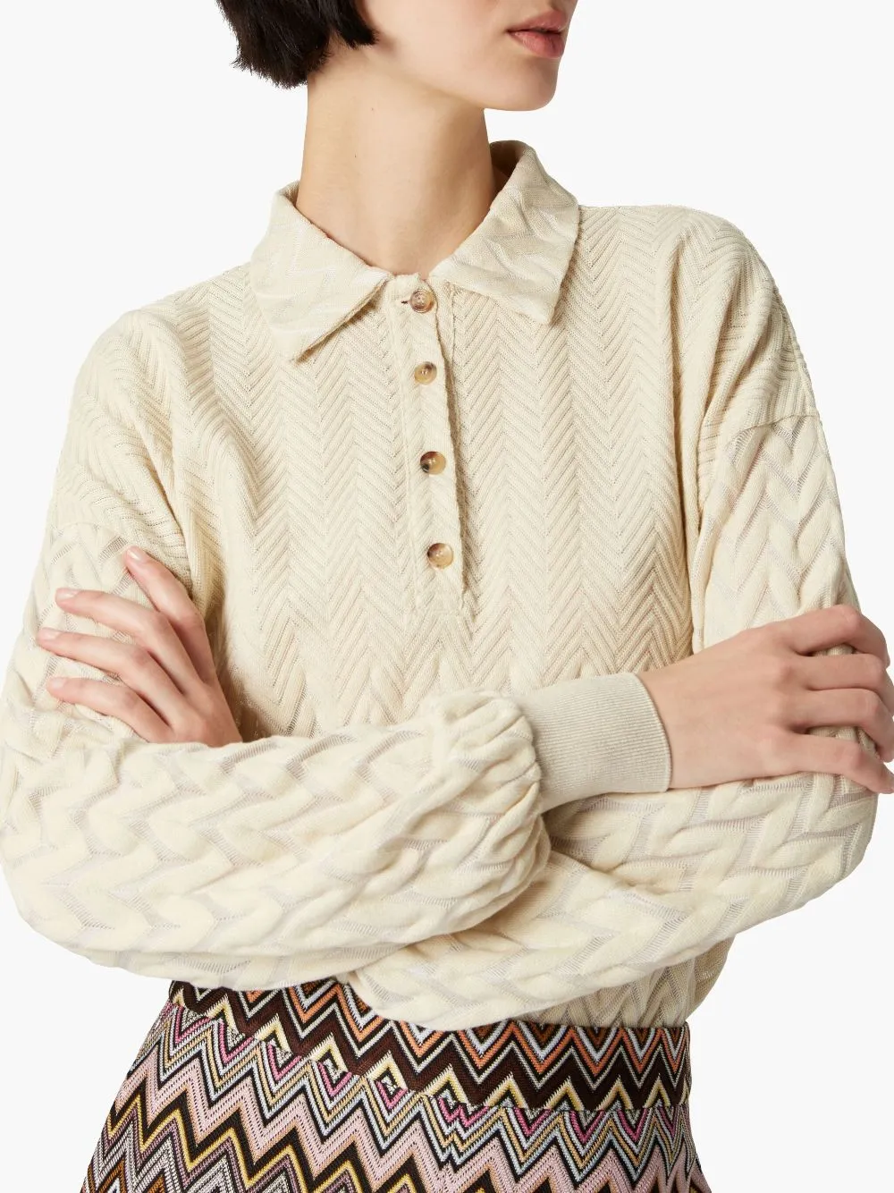 MISSONI POLOSHIRT MET ZIGZAGPATROON BEIGE