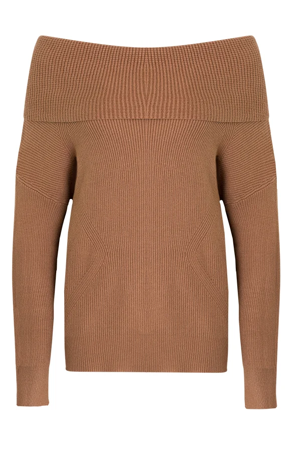 Offshoulder Trui Gebreid Camel