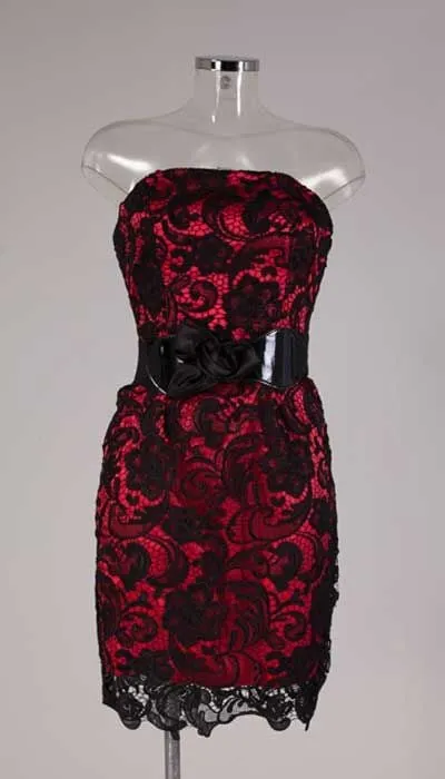 Rode met zwart kanten cocktailjurk 12591 